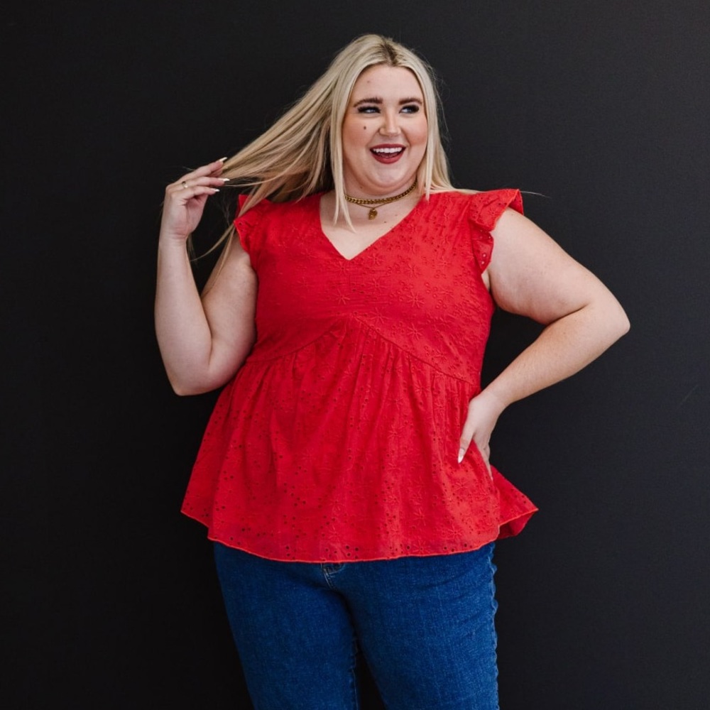 NWT Andree by Unit | Red Floral Eyelet Babydoll Flutter Sleeve Blouse